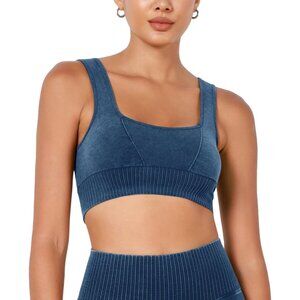 Women's Stone Washing Cobalt Blue Square Neck Low Back Ribbed Cropped Sports Bra